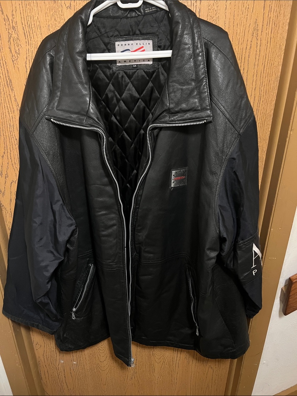 Perry Ellis Black Leather and Navy Sleeve Bomber Jacket sz 5X
